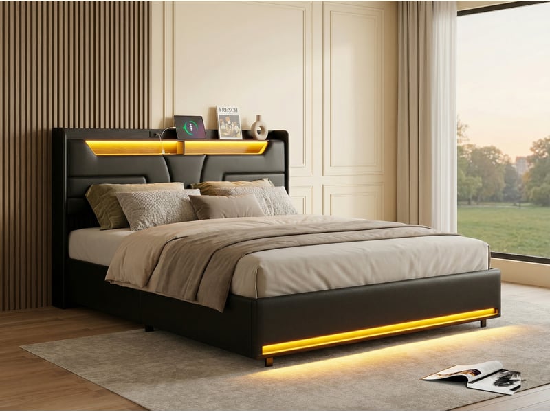 Lit 2 places 140x190 cm - éclairage led - prise électrique intégrée et sommier à lattes - noir - Conforama D