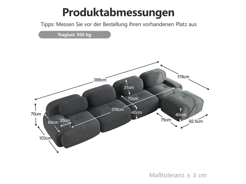  Canapé d’angle modulable 4 places en velours côtelé gris avec méridienne  - Conforama E