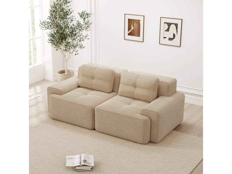  Canapé modulable 2 places sans structure en velours côtelé, convertible en lit, assise profonde beige  - Conforama R