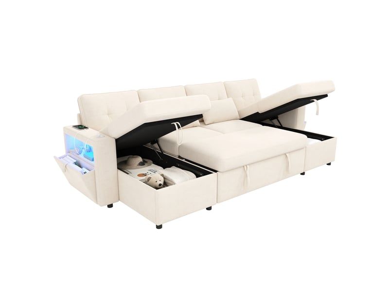  Canapé d'angle panoramique convertible 4 places 273x131x83 cm chenille beige  - Conforama A