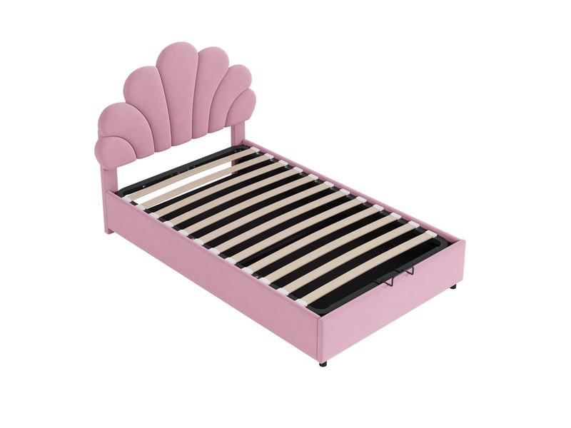  Lit enfant 90x200, structure métal robuste lit combine, tête de lit floral, rangement hydraulique, velours doux  - Conforama E