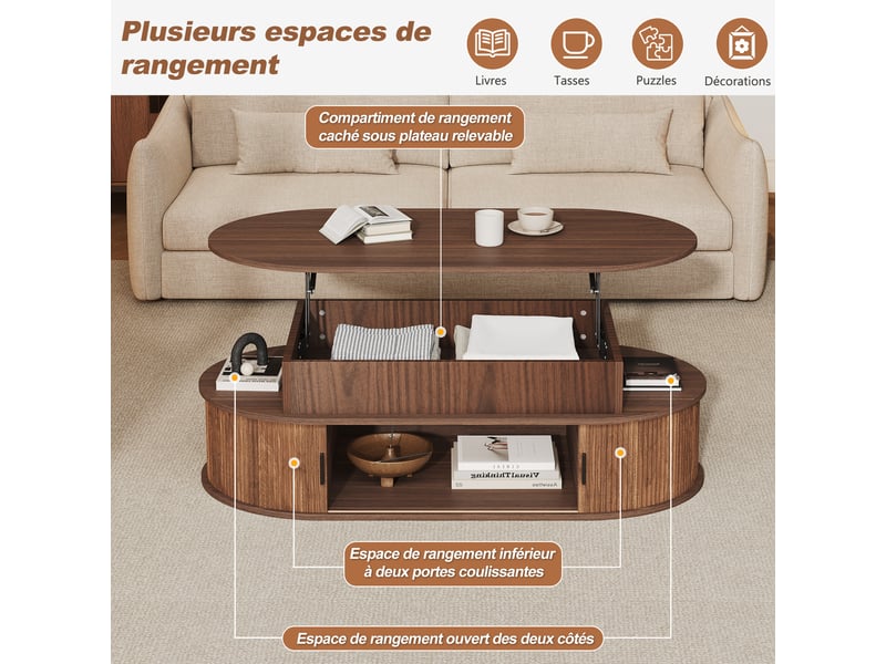  Table basse relevable ovale avec rangement, mdf aspect noyer, 100 x 50 cm, hauteur 40 à 55 cm  - Conforama W