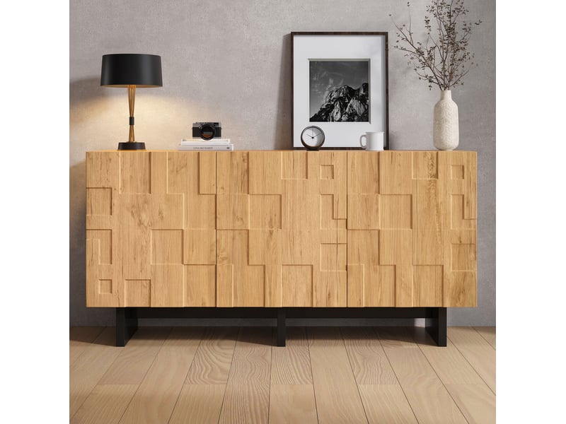 Buffet de rangement 140 x 40 x 70 cm – naturel – 3 portes push-to-open, 5 compartiments et fermeture douce - Conforama D