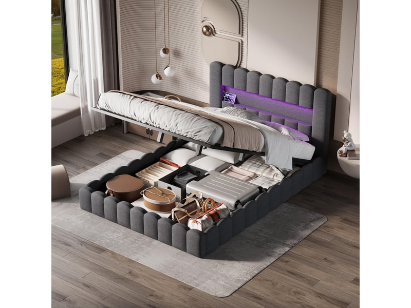 Lit coffre 180x200cm - lit double 180x200 rembourré en velours avec rangement, tête de lit, led rgb et prises usb - marron - Conforama C