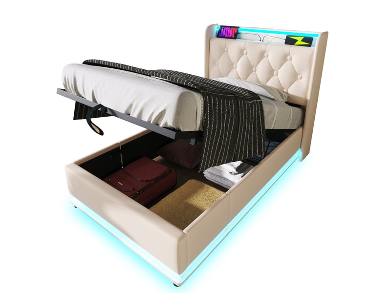  Lit avec rangement tcqpz 90 x 200 cm blanc pu led 360° usb type-c hydraulique  - Conforama A