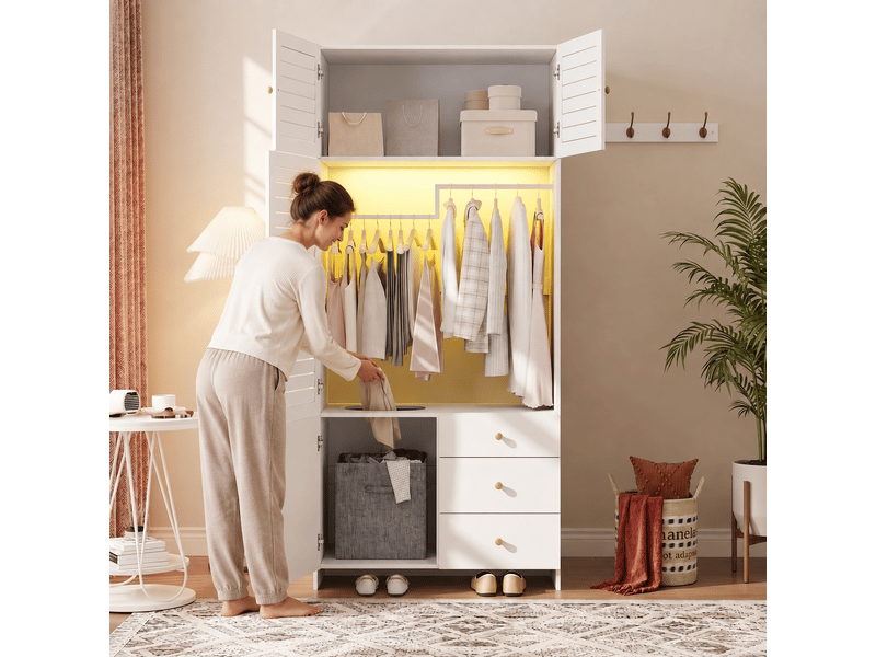 Armoire blanche avec panier à linge intégré, éclairage led, 3 tiroirs, 90x50x200 cm, panneaux de particules - Conforama E