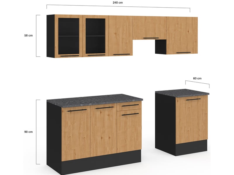 Cuisine complète 240 cm subtil avec vitrine + plan de travail 7 éléments noir et façon hêtre  - Conforama C