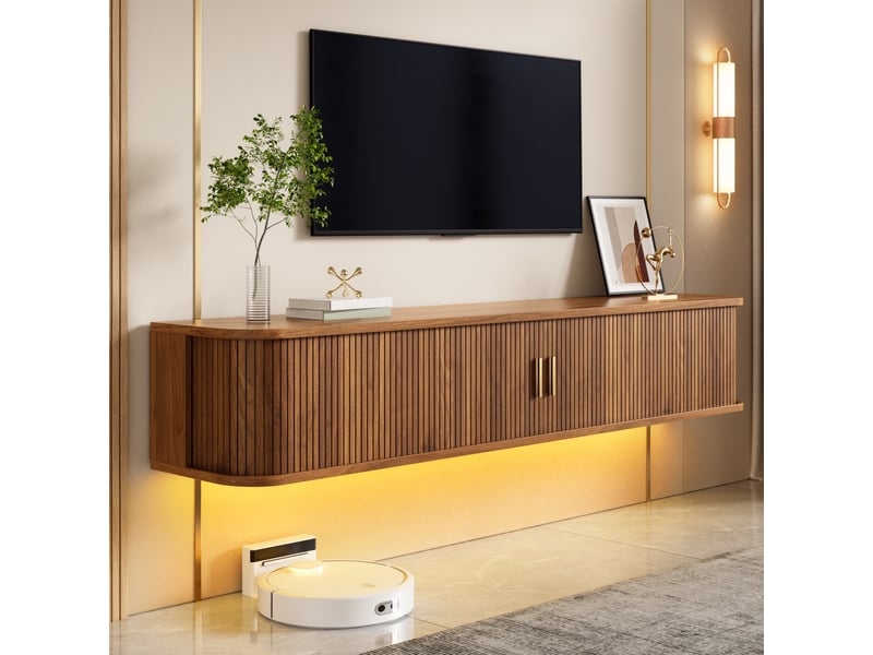  Meuble tv 175x30x30 cm, suspendu, extensible, éclairage led, commande par application, 1 tiroir, grand rangement pour salon - noyer  - Conforama B