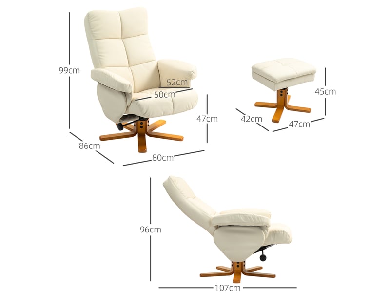  Fauteuil relax avec pouf de rangement, dossier inclinable et assise pivotante, en similicuir et bois blanc crème  - Conforama C