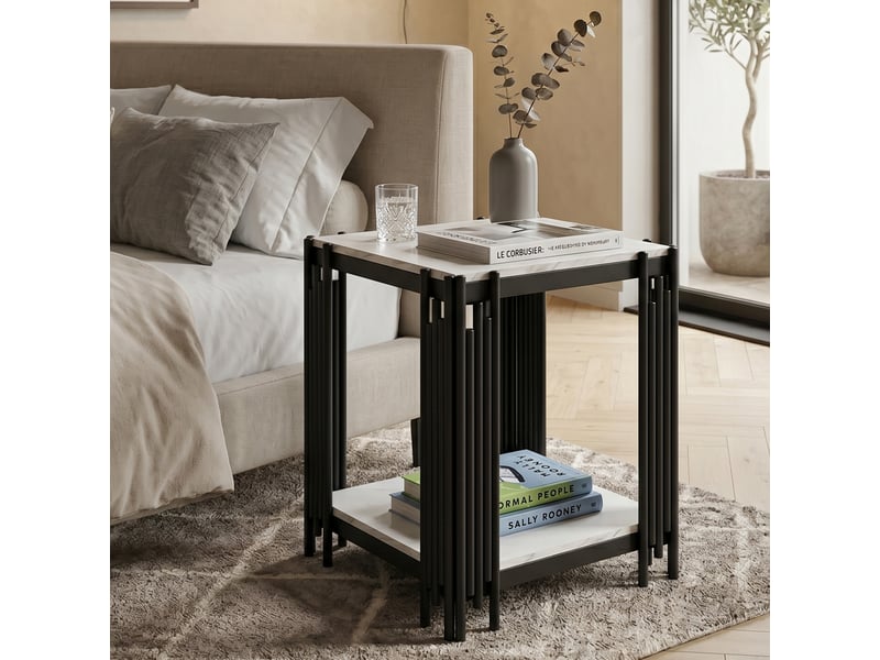  Table de chevet à 2 niveaux de rangement pour chambre en mdf et verre 43×40×55 cm blanc et noir  - Conforama C