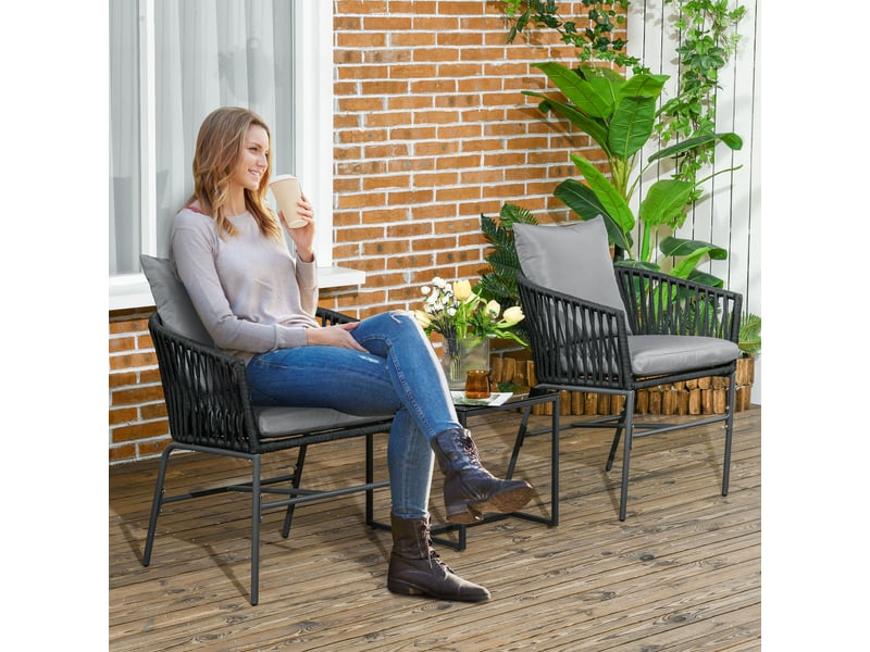  Chaises d'extérieur, lot de 2, style bohème, coussins d'assise et de dossier, coque d'assise confortable, structure en métal, noires  - Conforama C