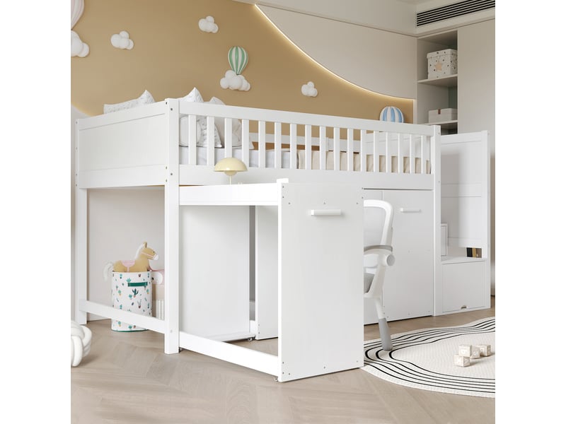  Lit mezzanine enfant 200×90 cm avec bureau coulissant, rangements et escalier, sans matelas, en bois blanc  - Conforama C