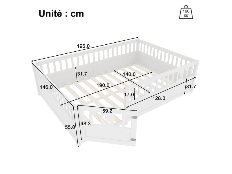  Lit enfant 140x190 cm - lit double enfant avec barrière et décor étoile et lune - structure bois - sans matelas - blanc  - Conforama C