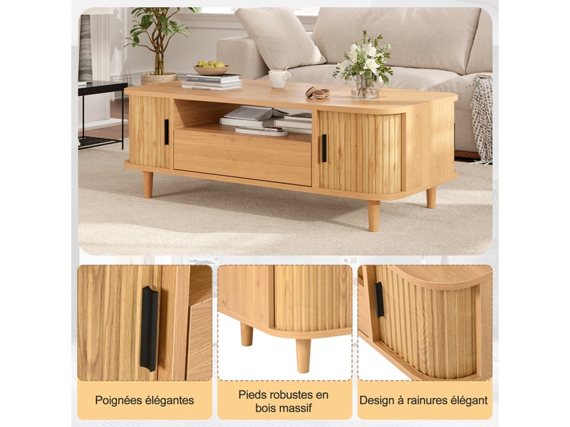  Table basse 100x50x35 cm - grand rangement - portes vitrées - 1 tiroir - 2 portes - mdf - usage quotidien - design moderne - blanc et bois naturel CozyNest - Conforama E
