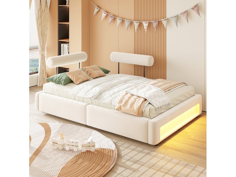  Lit double capitonné 140x200 cm à dossiers réglables et led, velours beige  - Conforama B