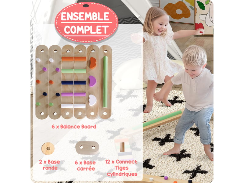  Poutre d'équilibre en bois pour enfants 3-8 ans avec pierres d'obstacle colorées, intérieur et extérieur  - Conforama W