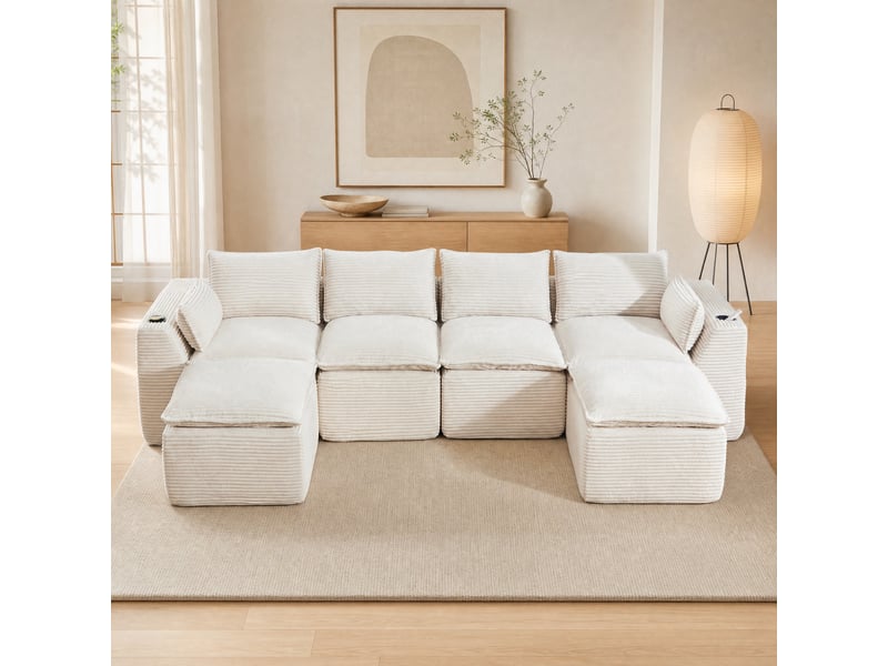  Canapé modulable modenvie 4 places avec 2 poufs, coussins, porte-gobelets et poches latérales en velours côtelé beige  - Conforama D