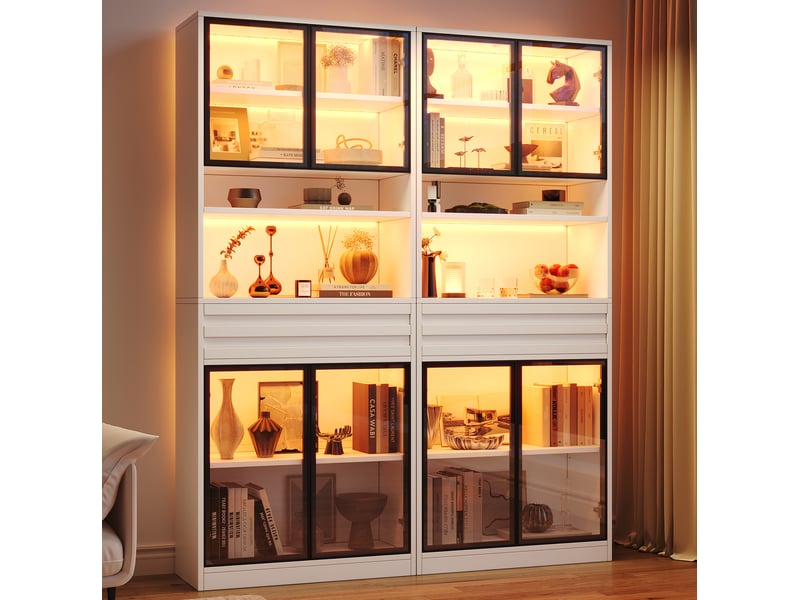 Vitrine led avec 4 portes vitrées, 1 tiroir et niches ouvertes, pour salon, en mdf blanc, 80 × 35 × 200 cm - Conforama C
