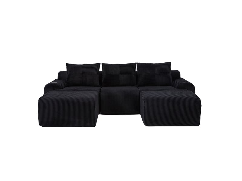  Canapé modulable 3 places 268x174x80 cm, 2 poufs porte-gobelet poche latérale assise large confort velours côtelé noir  - Conforama A