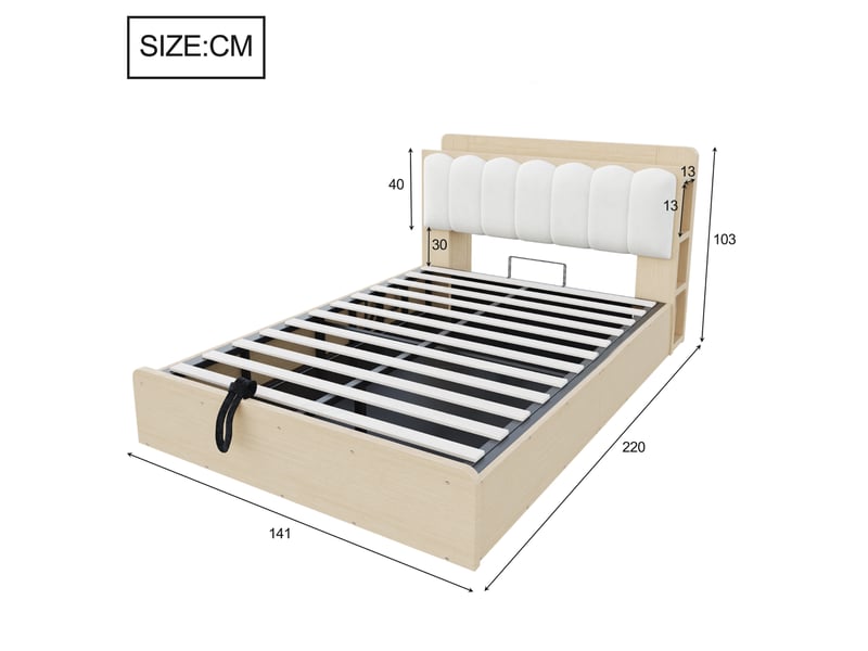 Lit coffre 140 × 200 cm, sommier relevable, tête de lit avec étagères, usb et veilleuse, finition bois naturel  - Conforama C