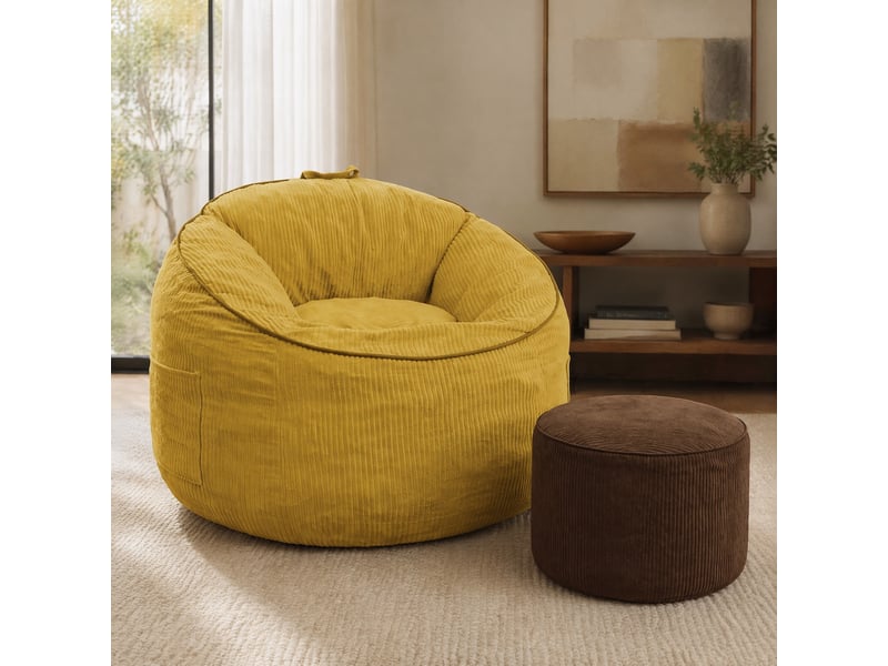  Fauteuil poire modenvie avec poche de rangement et repose-pieds cylindrique assorti jaune et marron en flanellette 103 x 95 x 80 cm  - Conforama D