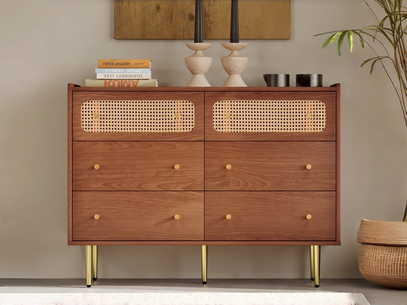  Commode à 6 tiroirs, 120 x 40 x 90 cm, cannage de rotin et poignées dorées, effet noyer  - Conforama B