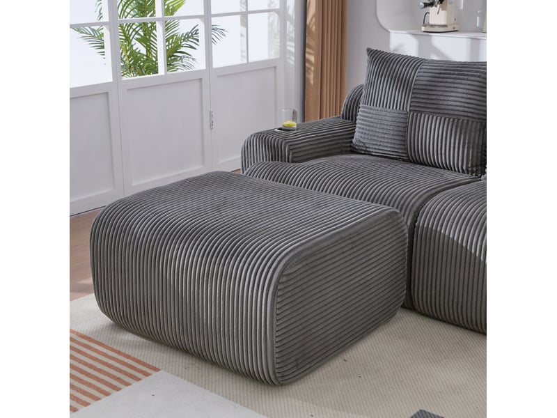 Canapé d'angle modulable 4 places en velours côtelé gris foncé, 2 poufs, porte-gobelet et poche latérale - Conforama D