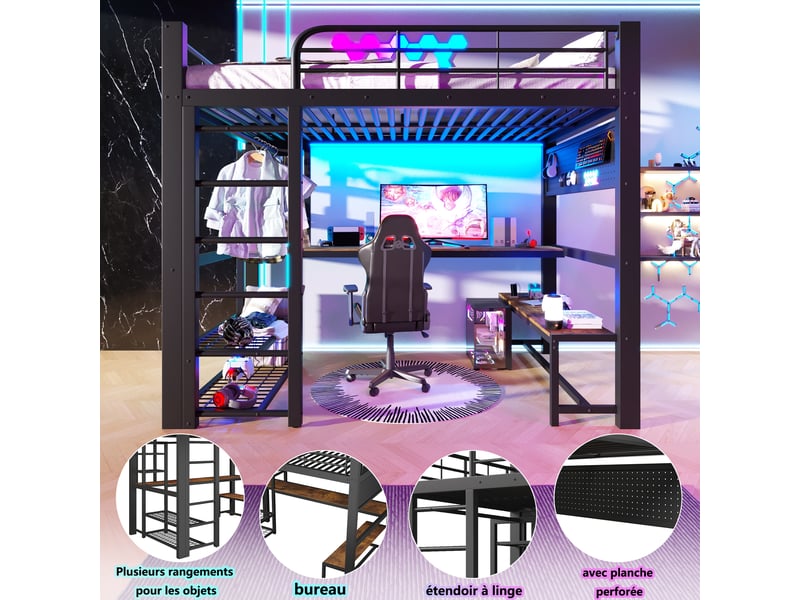  Lit mezzanine multifonctionnel 140×200 cm sans matelas, structure métal, bureau, led, échelle avec coffre, noir  - Conforama E