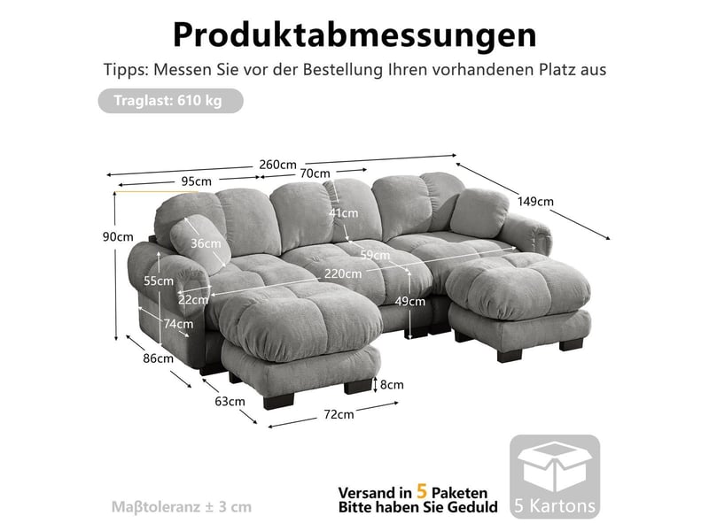  Canapé en u 3 places matelassé, tissu chenille gris clair, avec ottomane mobile et 2 coussins décoratifs SF20260031033 - Conforama C