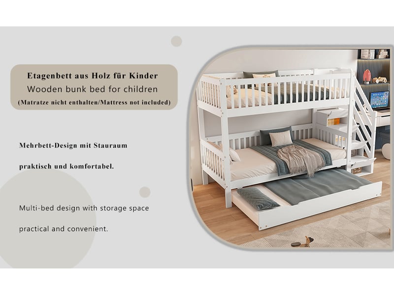  Lit superposé enfant blanc 2 x 90 x 200 cm avec lit gigogne 90 x 190 cm, escalier de rangement et garde-corps  - Conforama B