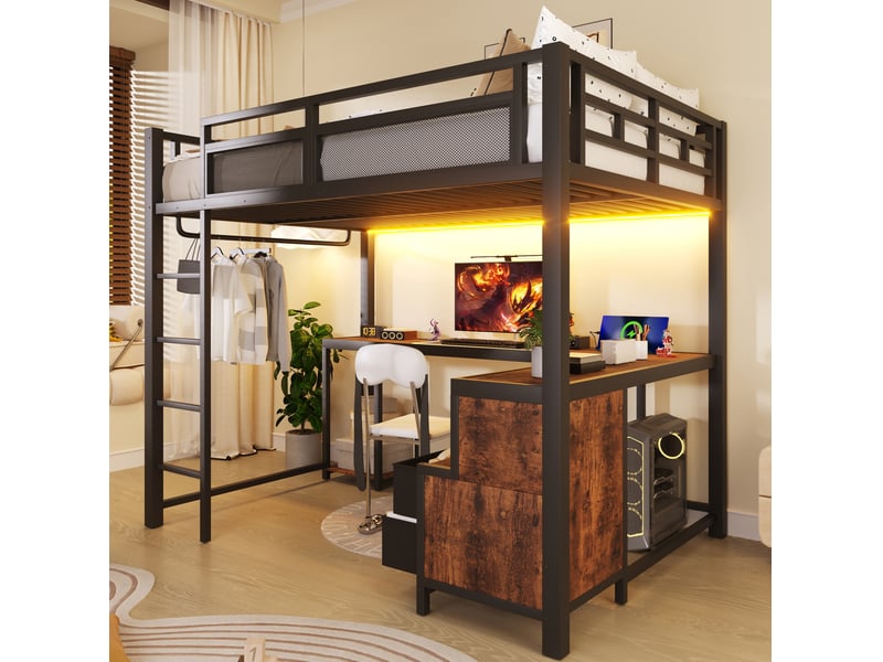  Lit mezzanine 140x200 cm led usb, bureau, rangements, penderie, métal bois, style industriel, noir sans matelas  - Conforama E