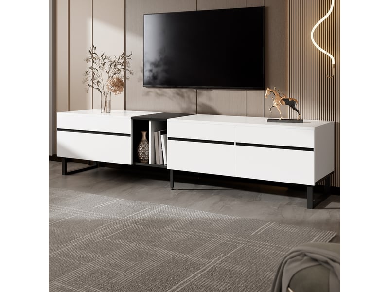  Meuble tv blanc 180 cm – portes coulissantes, niches ouvertes et compartiment rabattable  - Conforama B