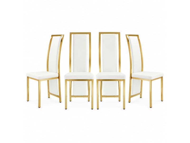  Chaises de salle à manger lot de 4 à dossier haut ergonomique  - métal, similicuir blanc et doré  - Conforama A