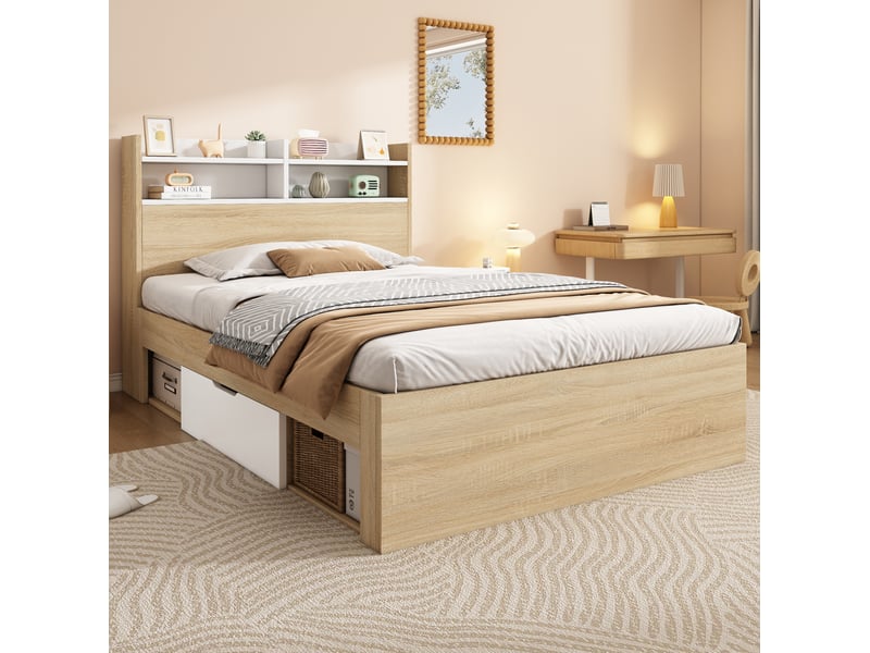  Lit enfant 90x200 cm – blanc et chêne – 2 tiroirs, niches ouvertes, tête de lit et matelas inclus  - Conforama B