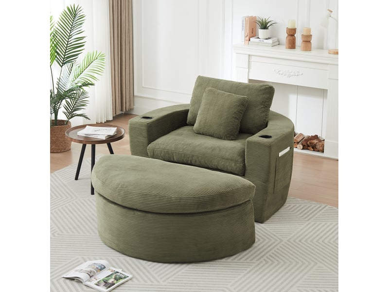 Fauteuil lounge 1 place avec repose-pieds amovible et porte-gobelet, en velours côtelé vert - Conforama W