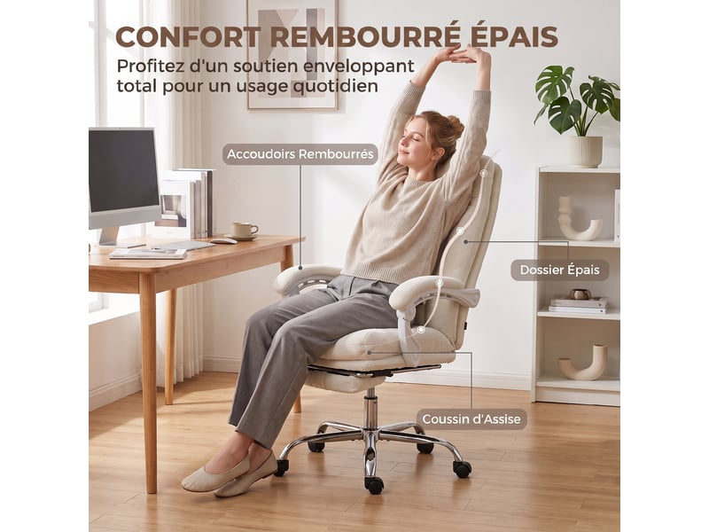  Chaise bureau ergonomique, fauteuil de bureau inclinable en chenille, repose-pieds, hauteur réglable, crème  - Conforama A