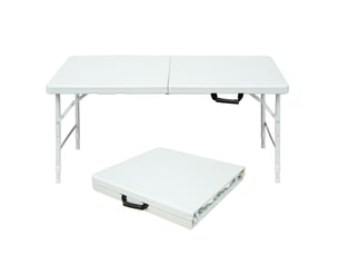 Table pliante ulevr 125 x 61 cm, hauteur réglable 58 à 74 cm, avec poignée de transport, plateau en plastique blanc et pieds en acier