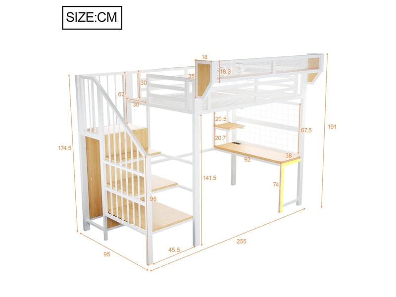  Lit mezzanine métal surélevé 90×200 cm barrières bureau étagère filet rangement échelle sécurité led prise blanc  - Conforama C