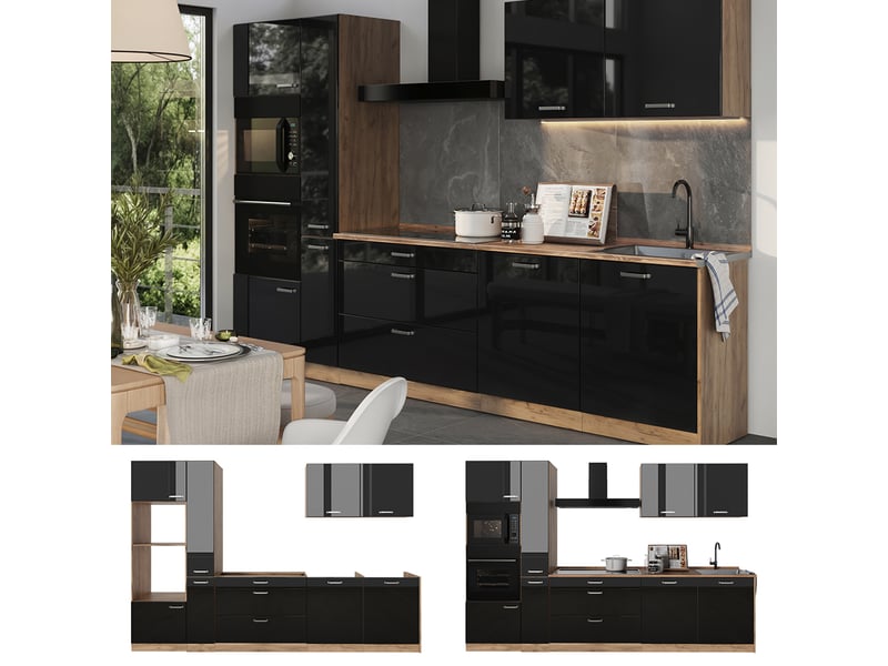  Vicco cuisine, noir haute brillancechêne doré, 310cm plan de travail chêne doré  - Conforama D