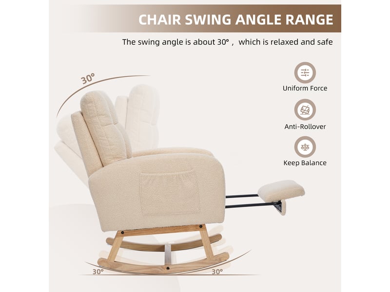  Fauteuil à bascule beige en tissu bouclette avec repose-jambes intégré et pieds en bois massif 132x50x99 cm  - Conforama W