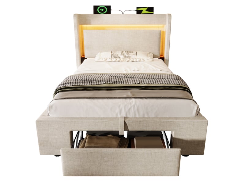 Lit coffre beige 90x200 cm avec led et usb - Conforama A