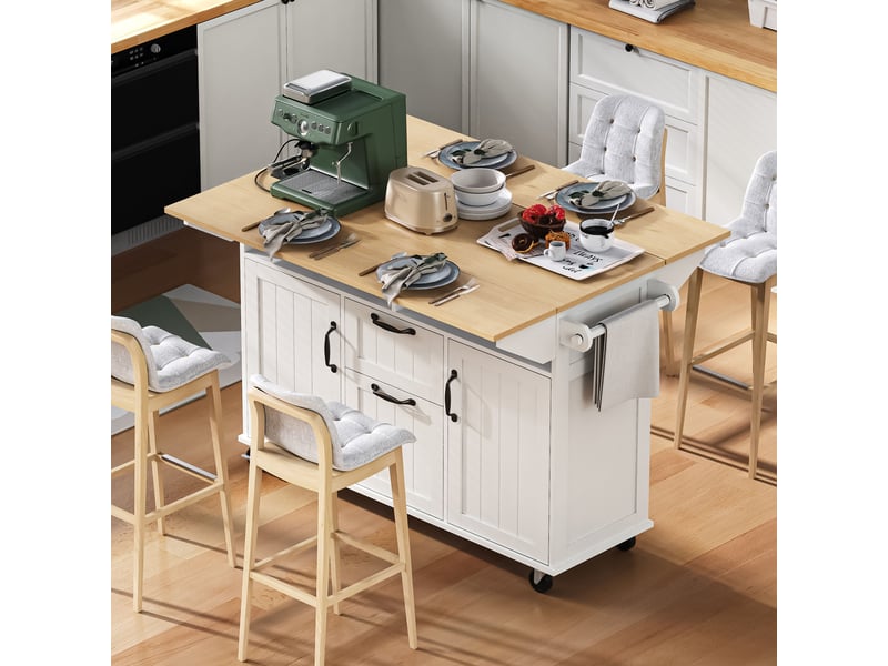 Îlot de cuisine mobile 120 x 40-80 x 92 cm, plateau rabattable, prises, usb-c, rangements, blanc et bois Jamama eleni - Conforama E