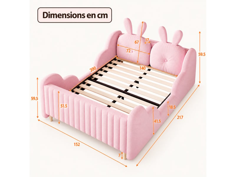  Lit enfant capitonné 140x200 cm rose en tissu bouclé, tête de lit coussin lapin et barrières nuage, sans matelas  - Conforama C