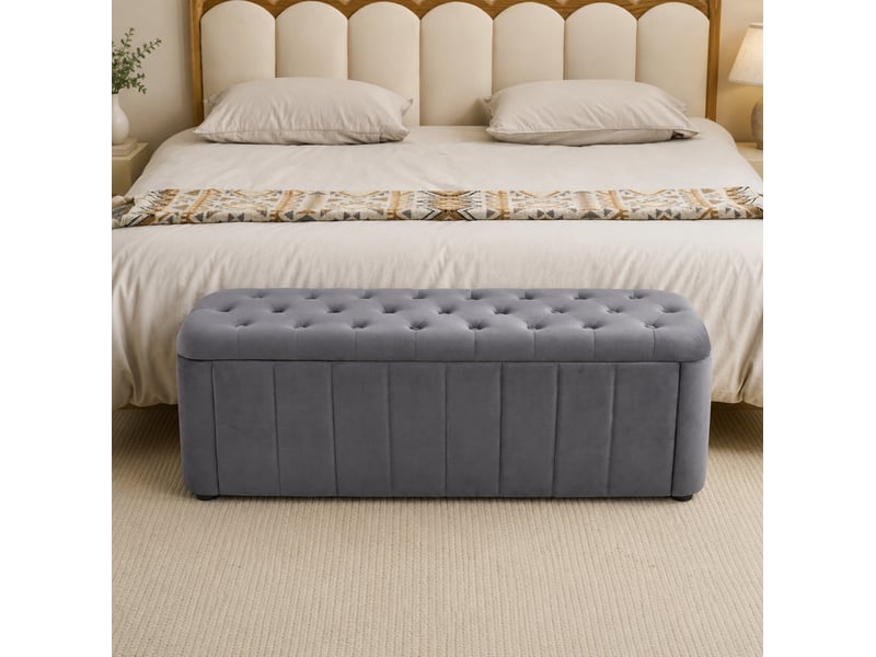  Banc coffre 132x47x44 cm en velours gris foncé  - Conforama D