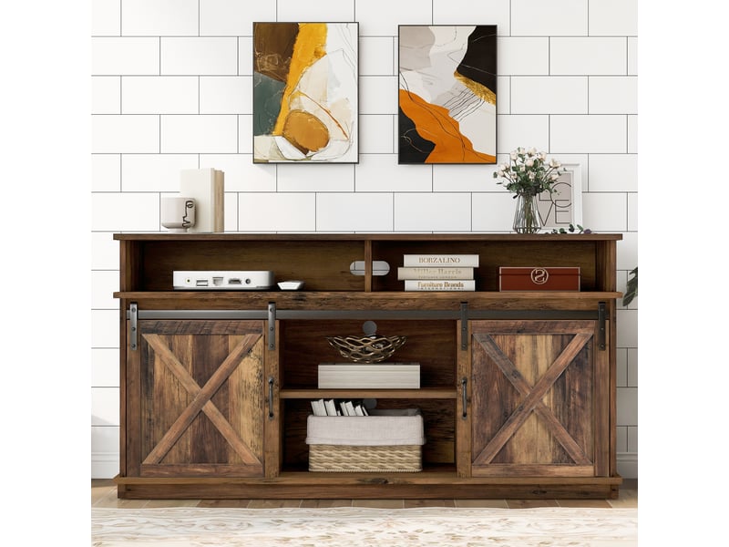  Meuble tv 148x40x78 cm avec 2 portes coulissantes, brun et blanc  - Conforama B