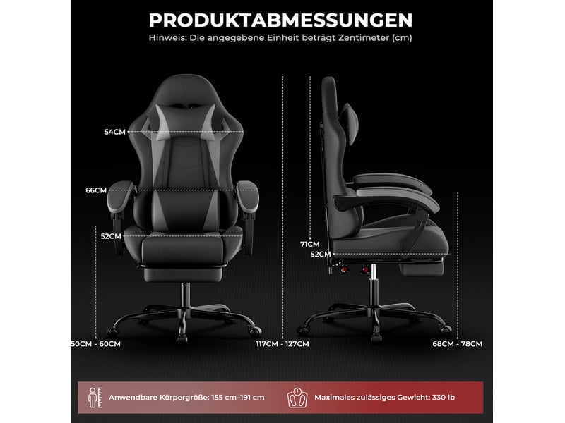  Chaise de bureau pour jeux vidéo 66x52x127 cm réglable en hauteur, métal, noir et gris  - Conforama C