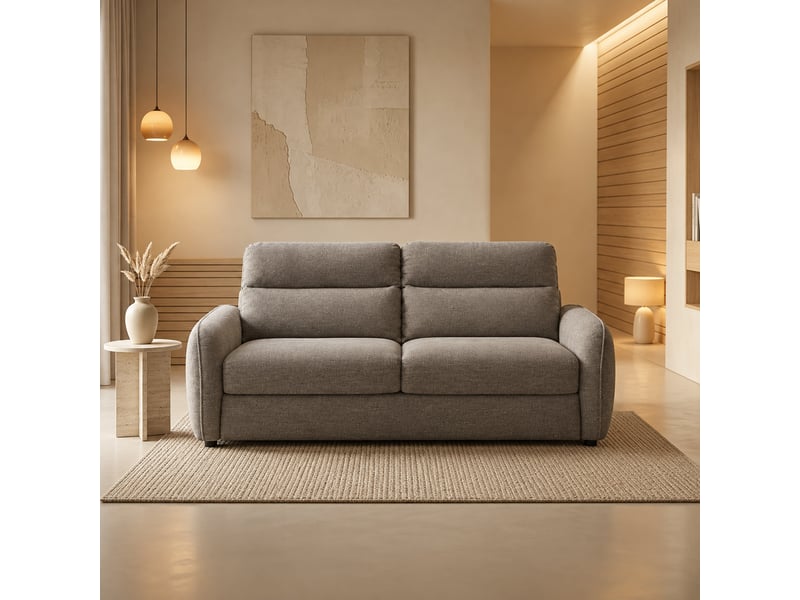 Canapé 3 places convertible matelas 12 cm en tissu taupe - Conforama D
