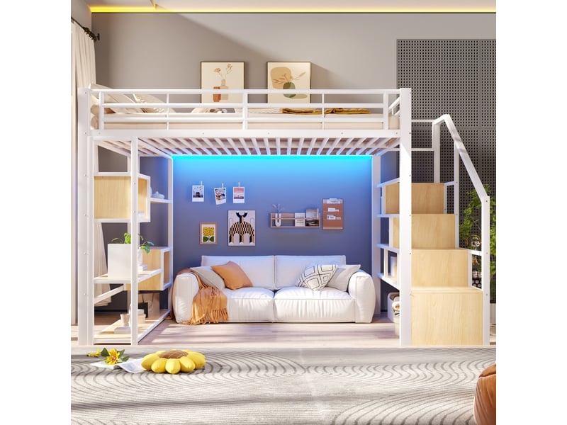  Lit mezzanine, coloris blanc, matière mdf et métal, couchage 140x200 cm, dimensions : 252 x 145 x 170 cm  - Conforama E