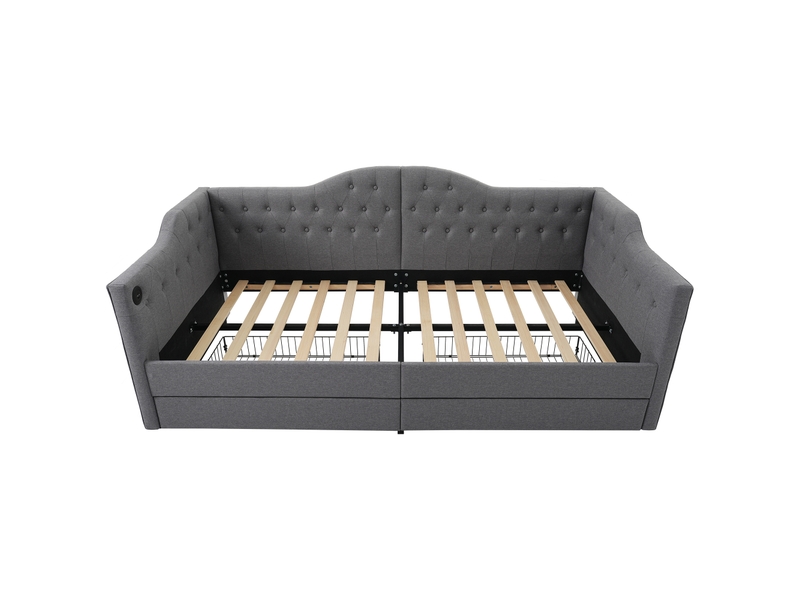 Lit simple 90x200 cm avec rangements, usb et 2 tiroirs, lin, gris, sans matelas - Conforama C