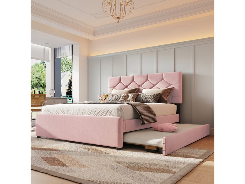  Lit gigogne 140x200 cm, lit enfant, design boutonné romantique, sommier, velours et mdf, rose, sans matelas  - Conforama W